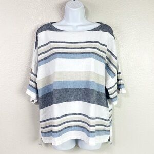 Chico’s Coastal Striped Linen Blend Boxy Blouse Size L